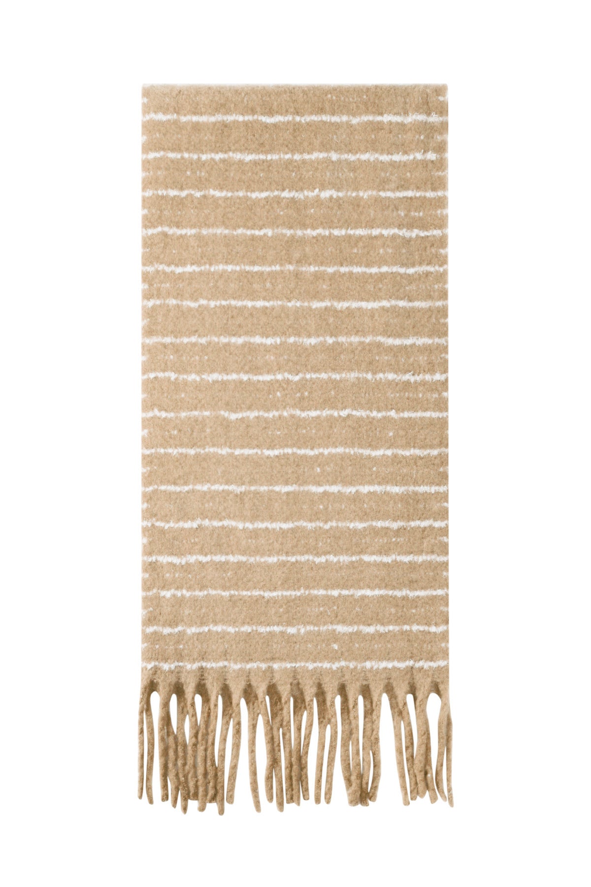 Beige striped winter scarf with fringe tassels laid flat on white background