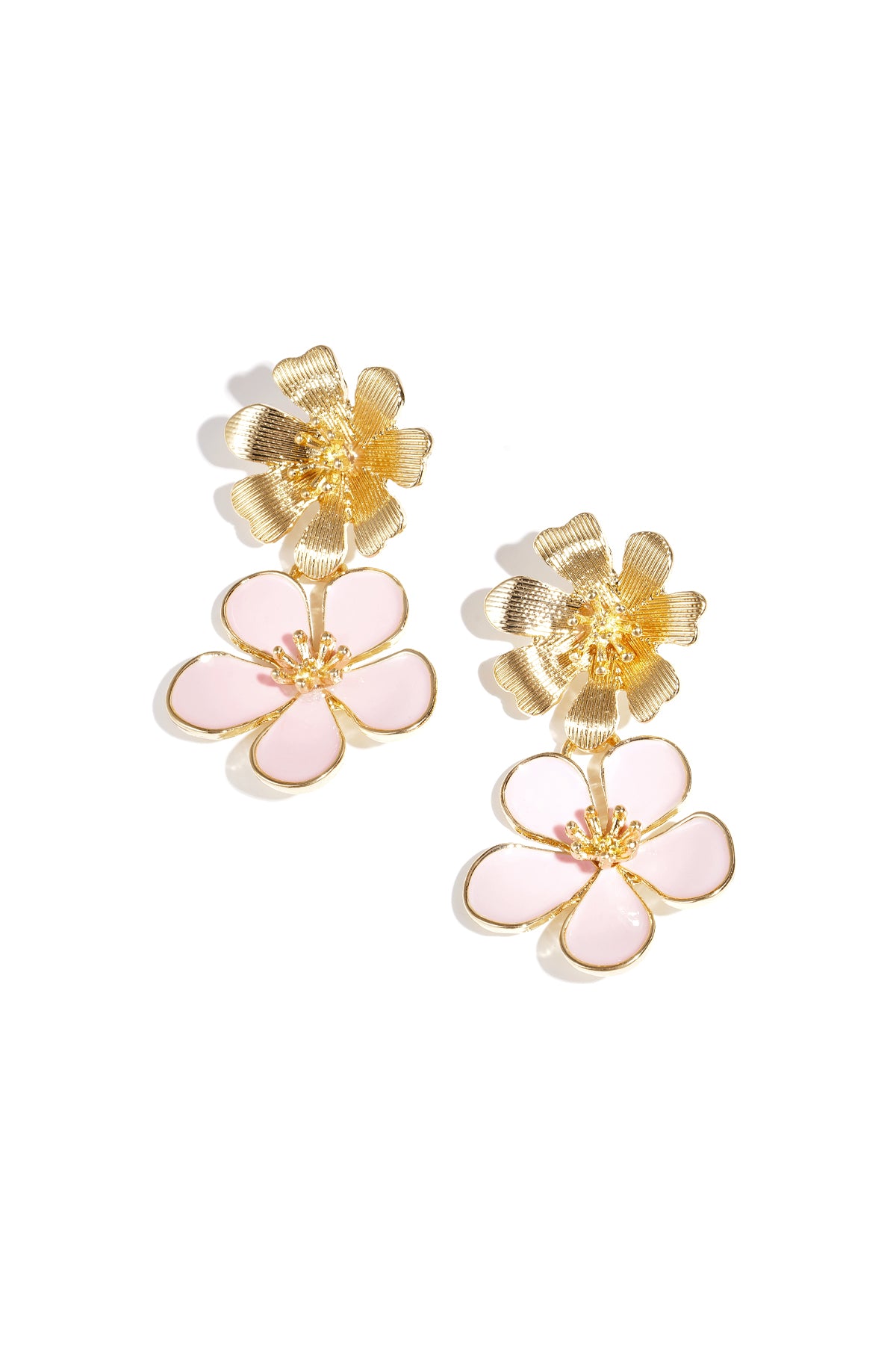 Bloom Core Drip earrings: gold-tone metal dangle earrings featuring dual layered textured and pink enamel flower charms.