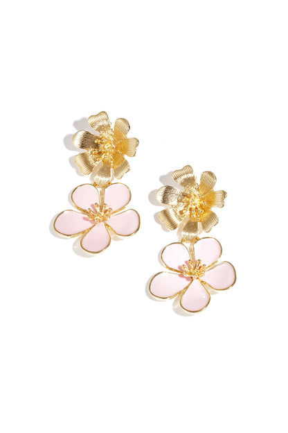 Bloom Core Drip earrings: gold-tone metal dangle earrings featuring dual layered textured and pink enamel flower charms.