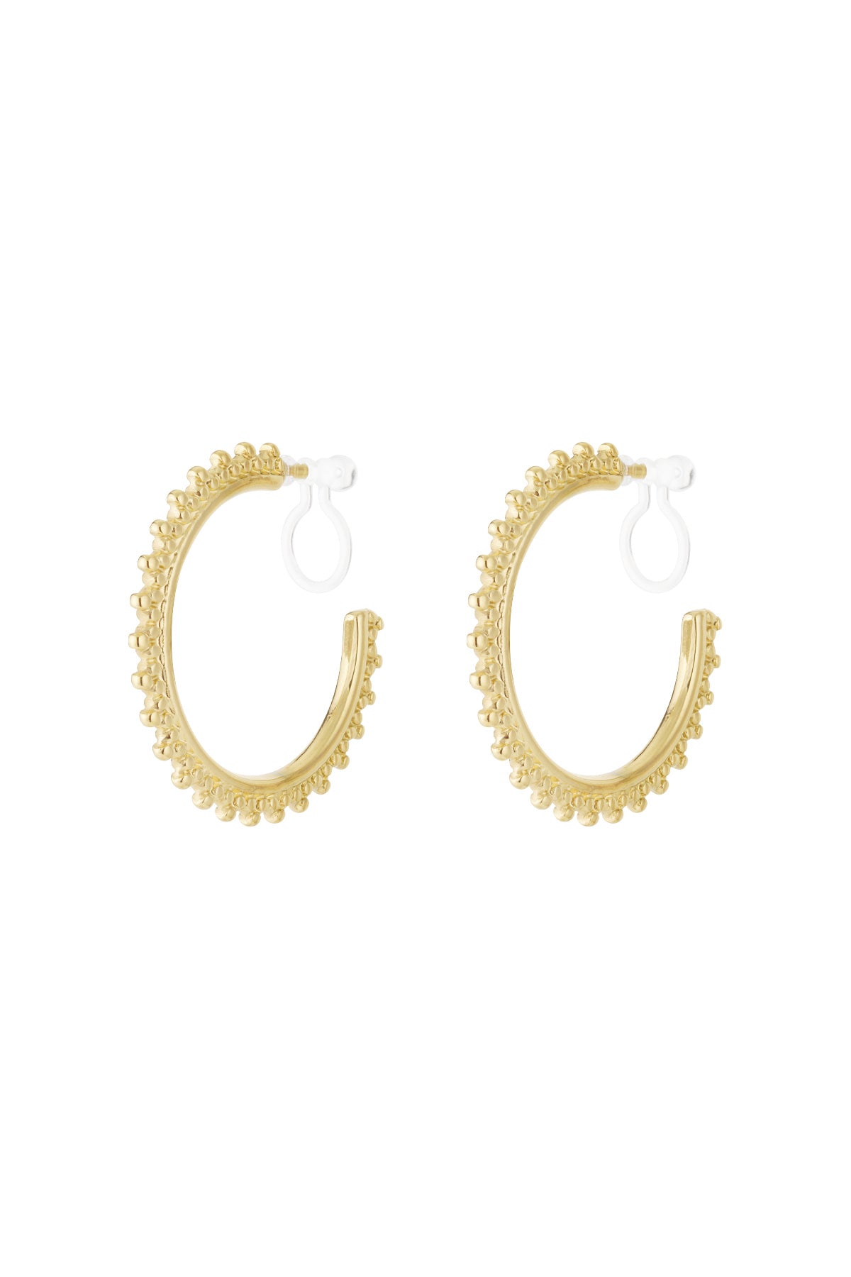 Pair of gold beaded edge clip-on hoop earrings on a white background