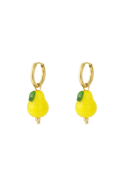 Pair of gold-tone hoop earrings featuring bright yellow pear-shaped enamel charms with green leaf details, shown on a white background