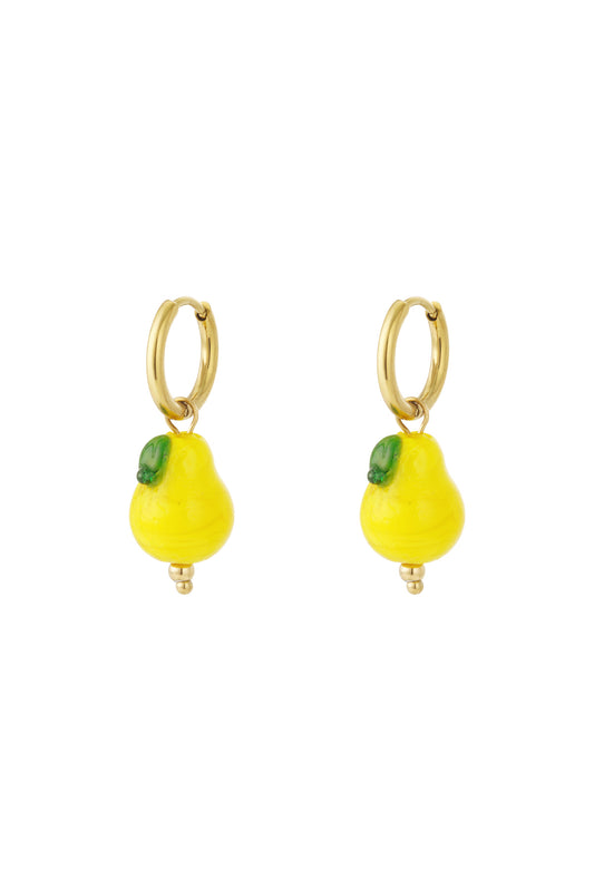 Pair of gold-tone hoop earrings featuring bright yellow pear-shaped enamel charms with green leaf details, shown on a white background