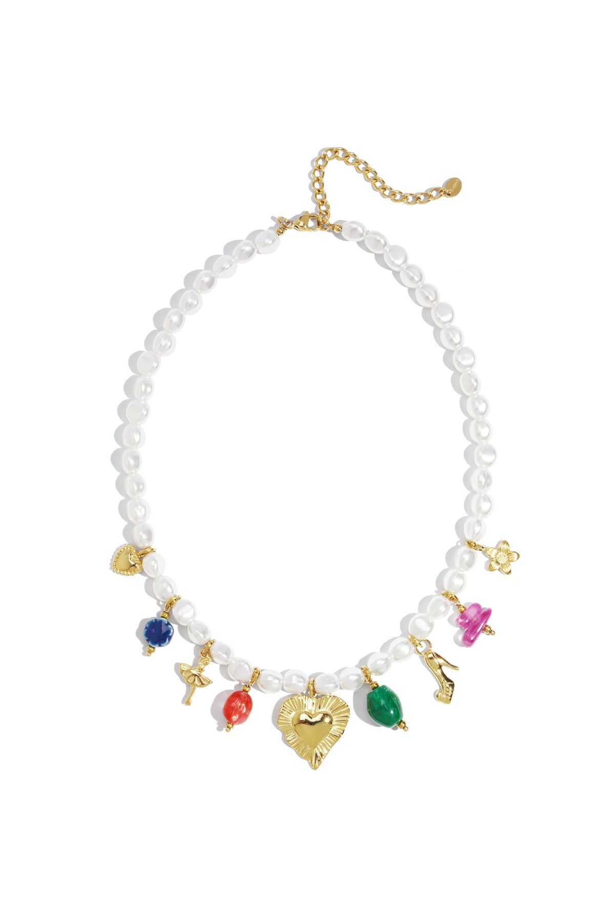 Flat lay of a white imitation pearl necklace adorned with colorful gold charms, including a heart, ballerina, high heel, and flowers, against a white background