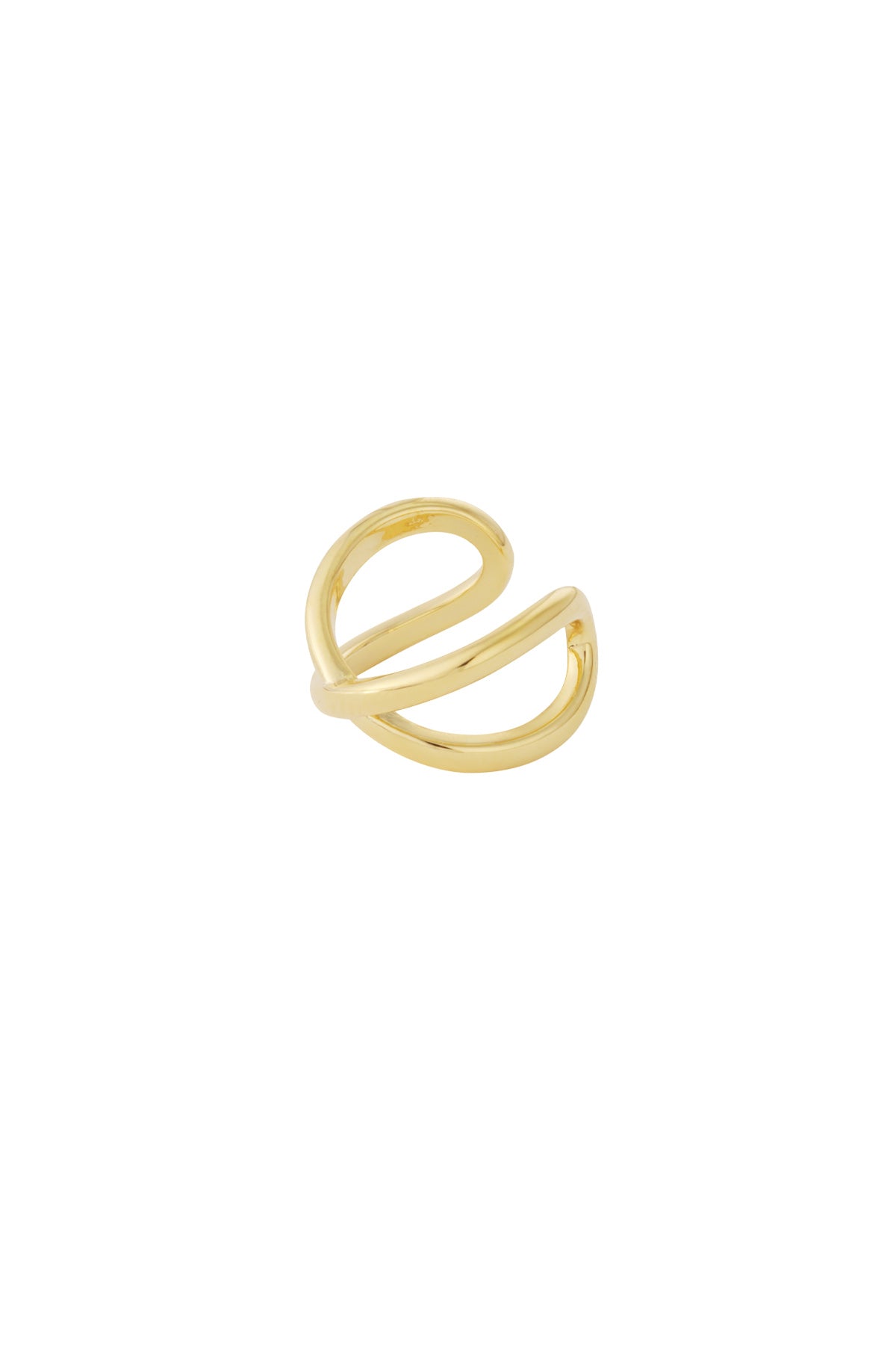 Glossy polished gold double loop ear cuff on white background