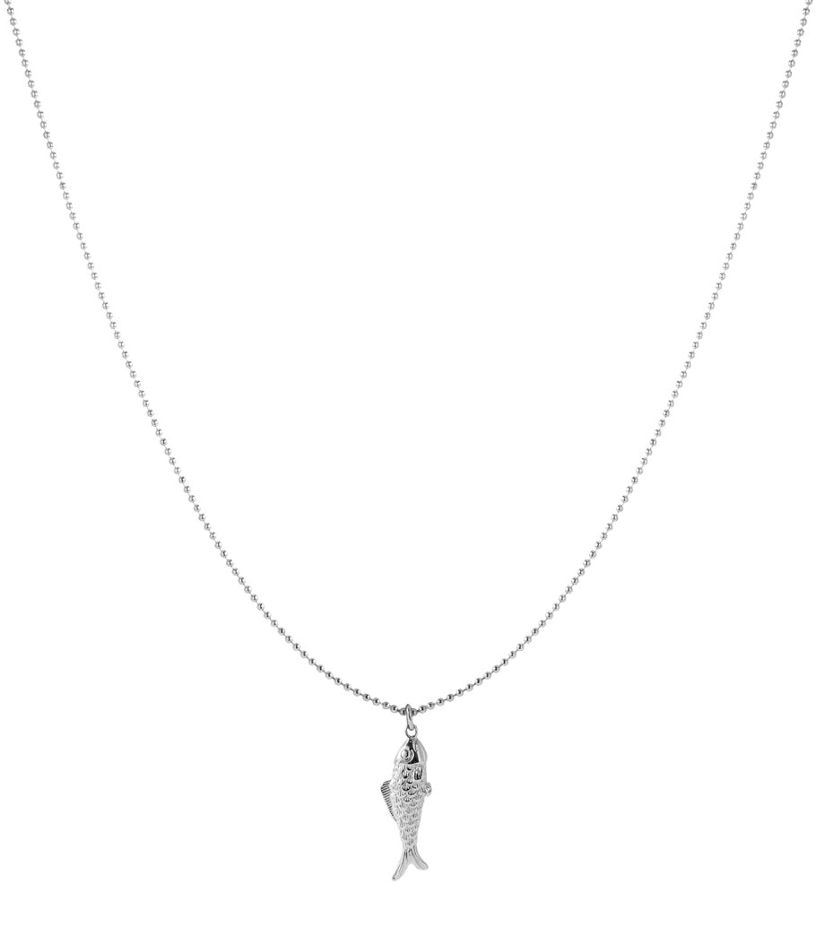 Silver long necklace with detailed fish pendant on white background