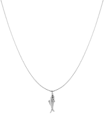 Silver long necklace with detailed fish pendant on white background