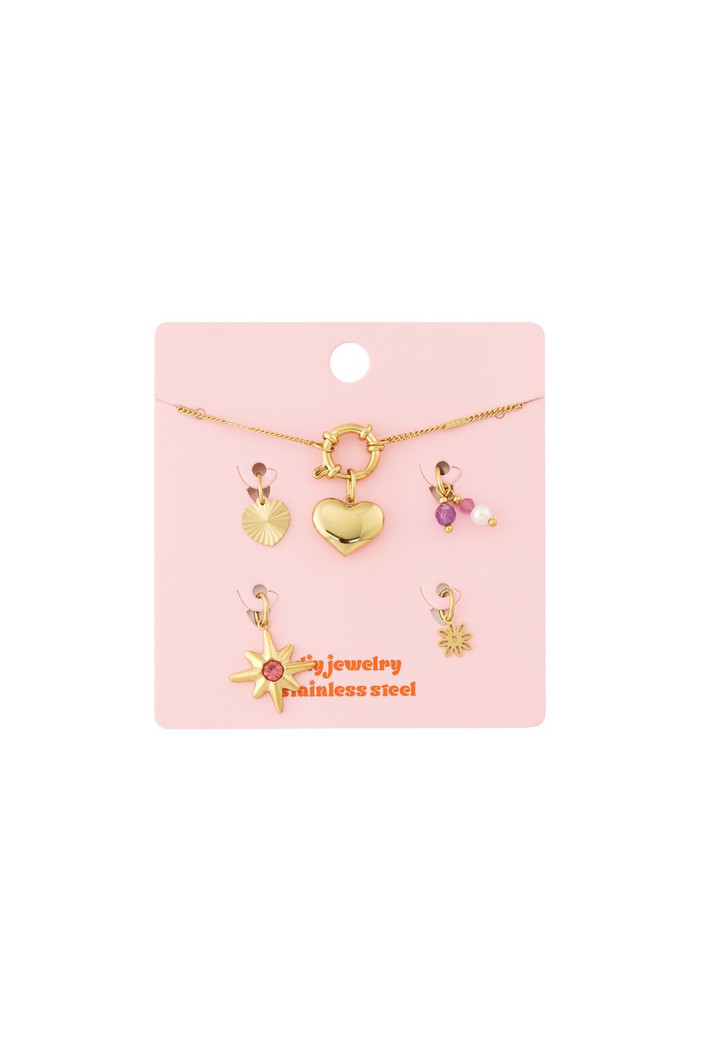Gold-toned stainless steel heart link bracelet with removable charms including a star, heart, and pearl accents.
