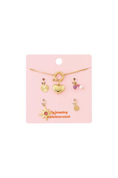Gold-toned stainless steel heart link bracelet with removable charms including a star, heart, and pearl accents.
