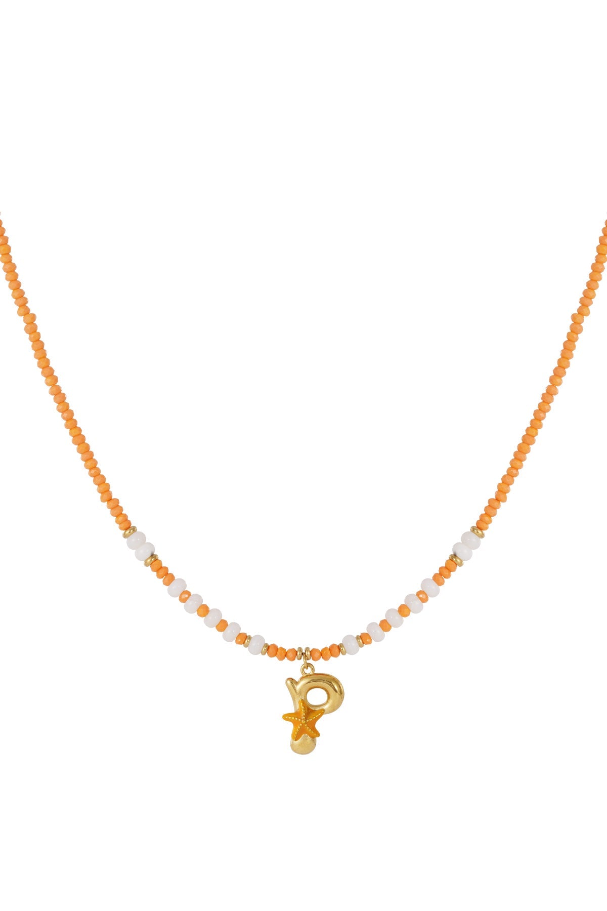 Initial Charm Beaded Necklace featuring orange and white beads with a gold letter P charm and a small starfish accent.