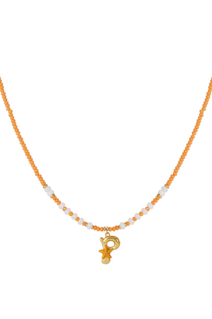 Initial Charm Beaded Necklace featuring orange and white beads with a gold letter P charm and a small starfish accent.