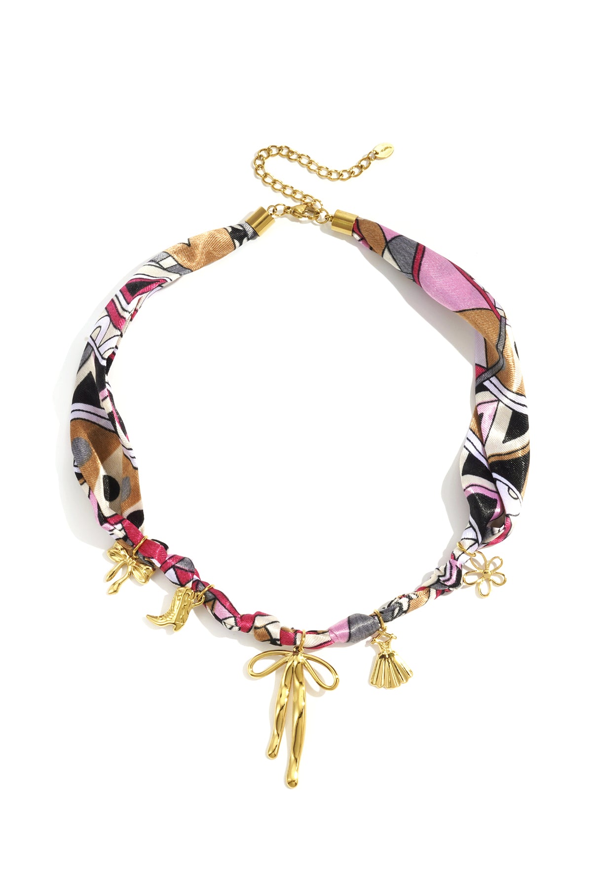 Colorful scarf necklace with gold-tone charms shaped like a bow, shoe, shell, flower, and more, shown flat with adjustable chain clasp.