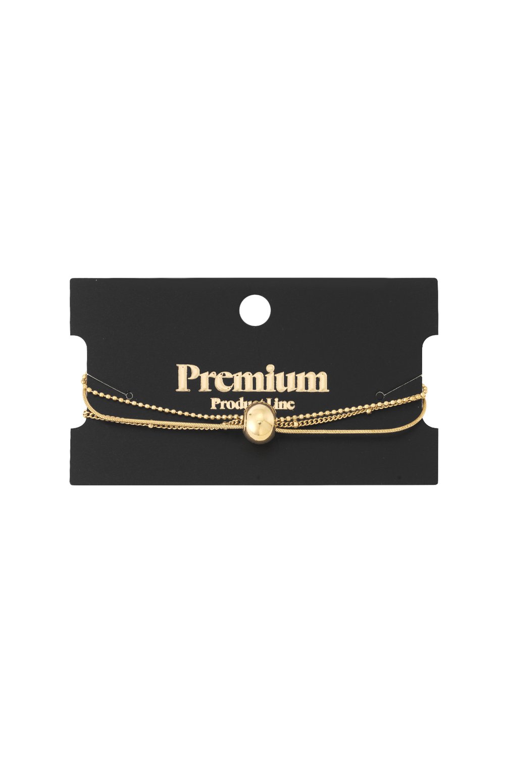 Elegant gold-tone multi-strand chain bracelet featuring a central polished spherical bead, displayed on a black card.