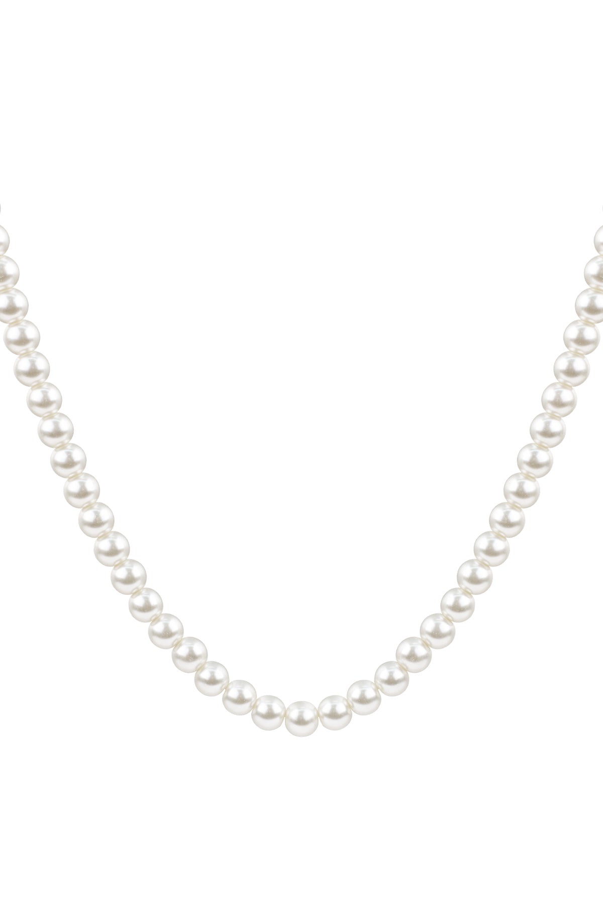Close-up of a classic pearl beaded necklace with smooth, white imitation pearls on a white background