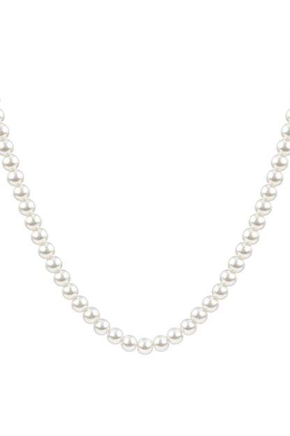 Close-up of a classic pearl beaded necklace with smooth, white imitation pearls on a white background