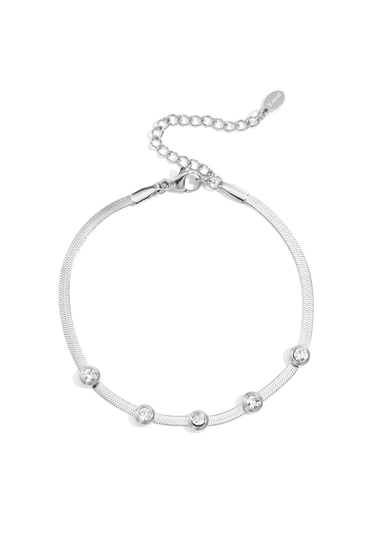 Silver-tone chain bracelet featuring five clear rhinestones with adjustable lobster clasp on white background