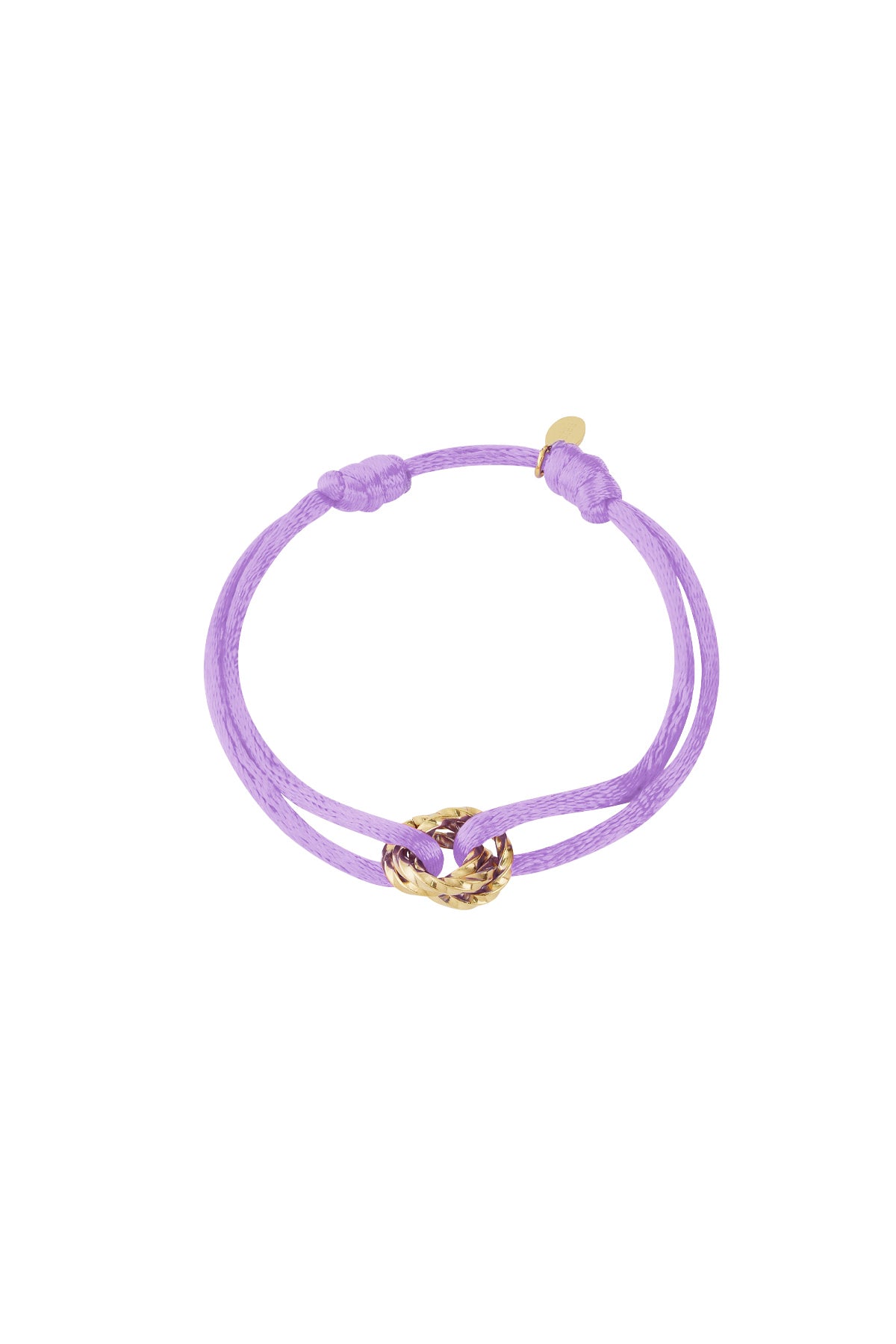 Lavender knot charm bracelet with gold-plated twisted knot pendant on white background