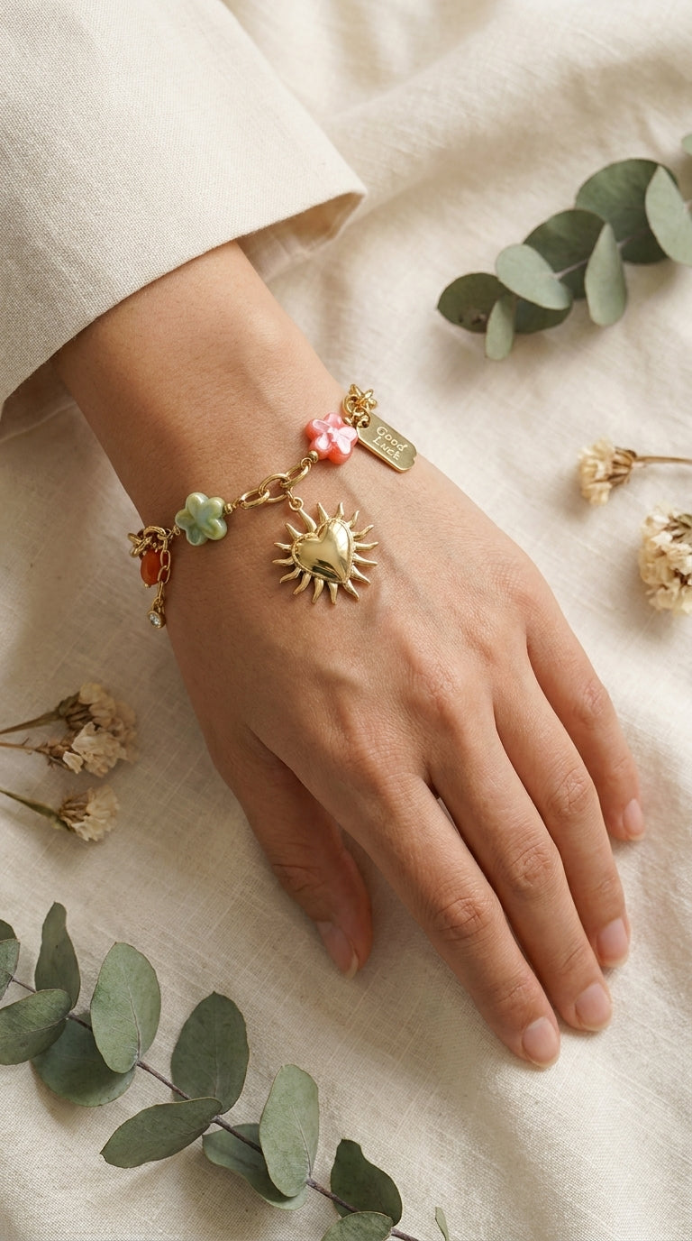 Charm Era Unlocked gold bracelet featuring a sun-heart charm, pastel flower beads, and a "Good Luck" tag on linen.
