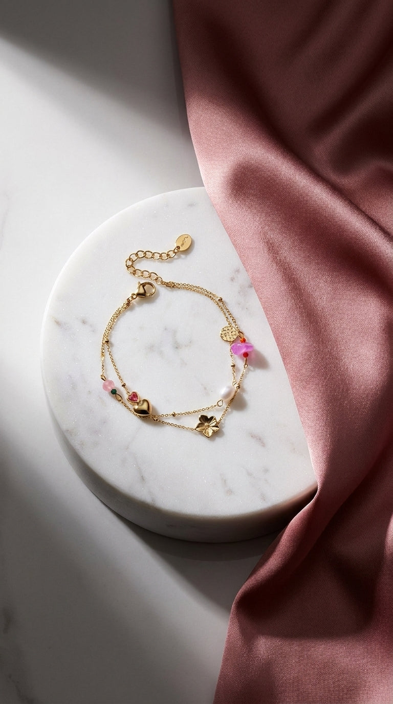 Gold charm bracelet stack with a heart, flower, pearl, and pink stones on a marble surface with pink silk.