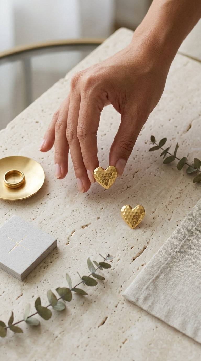 Gold heart-shaped stud earrings with a textured, honeycomb-like surface finish held by hand on a stone surface.