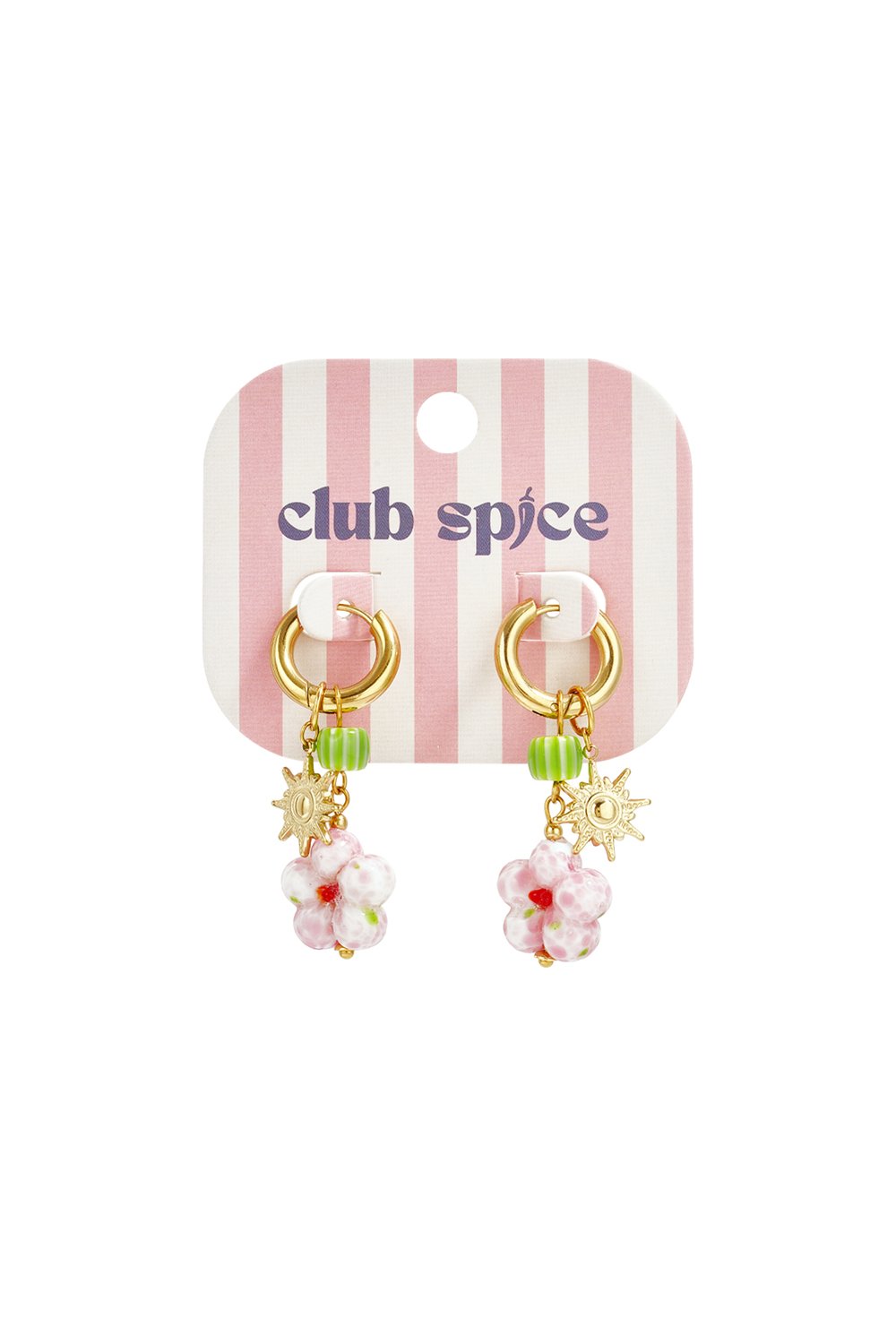 Bloom Core Beaded Drops: Gold hoop earrings featuring green striped beads, gold sun charms, and pink floral glass beads.
