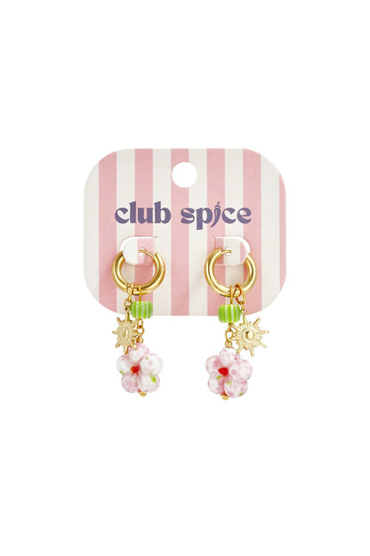 Bloom Core Beaded Drops: Gold hoop earrings featuring green striped beads, gold sun charms, and pink floral glass beads.