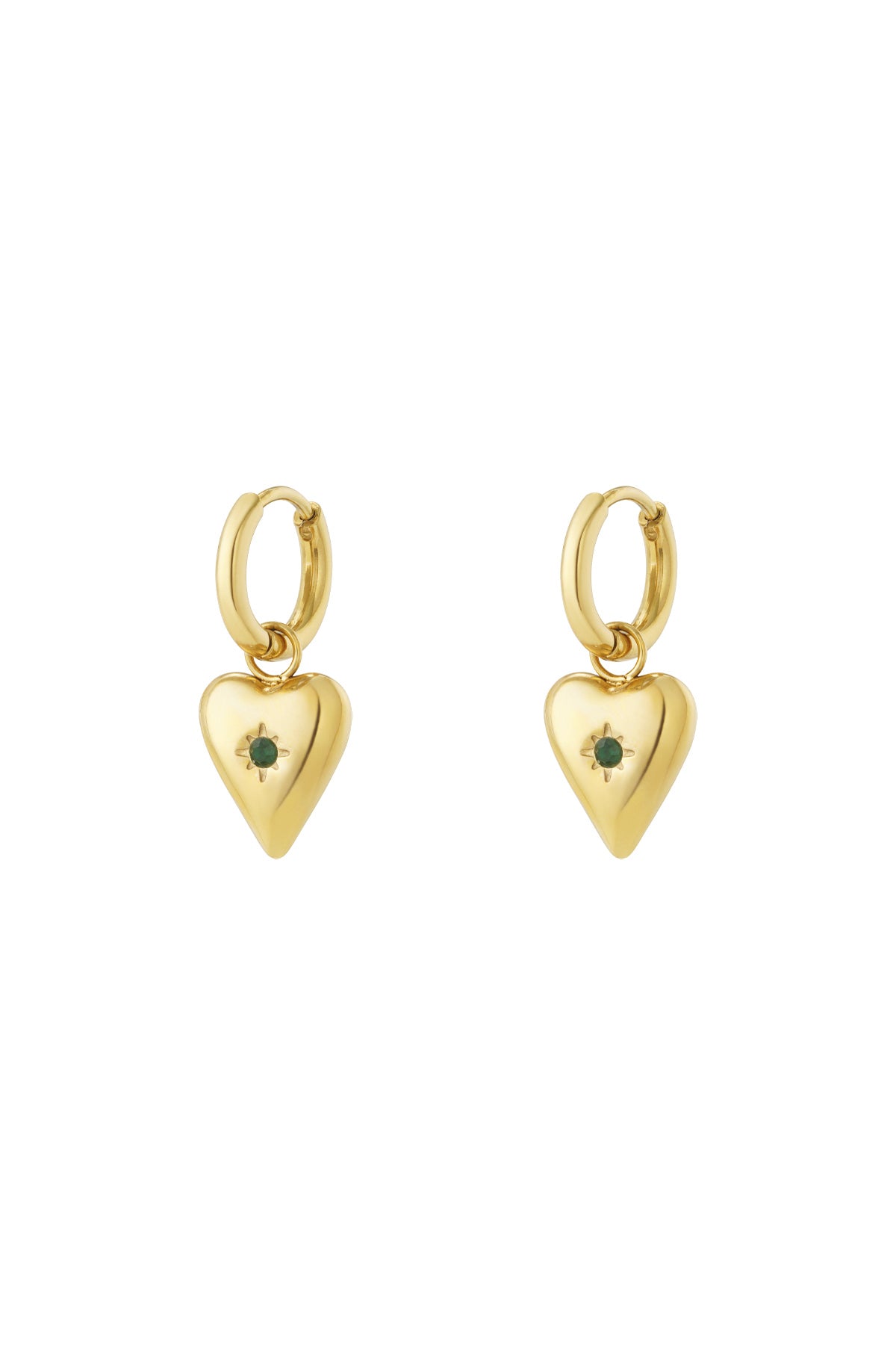 Gold-plated heart charm earrings with dark green birthstone centre on hoop backings