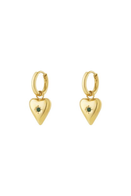 Gold-plated heart charm earrings with dark green birthstone centre on hoop backings