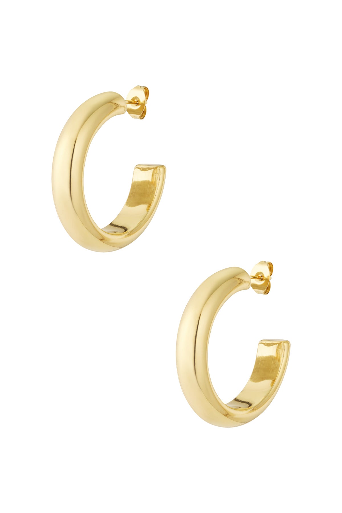 Pair of chunky gold-tone hoop earrings with sleek rounded design on white background