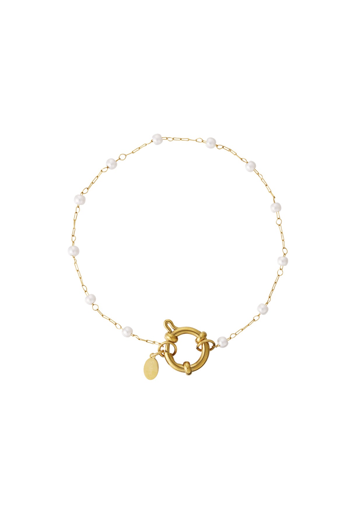 Gold-tone delicate chain bracelet with white pearl beads and oversized toggle clasp on white background