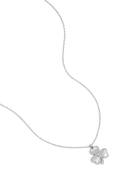 Silver clover pendant necklace with fine chain displayed flat on white background