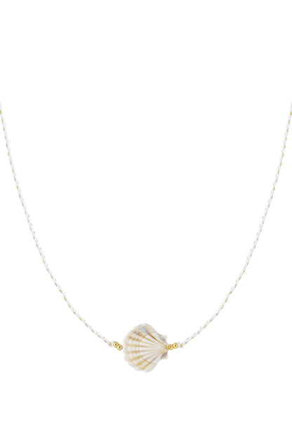 Creamy beige ceramic seashell pendant on braided white cord with gold-tone beads