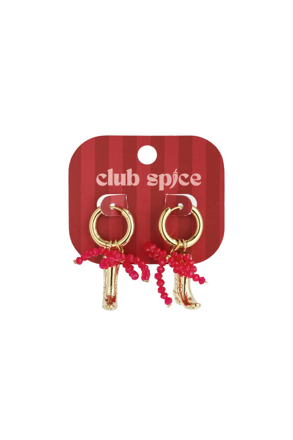 Gold hoop drop earrings featuring miniature gold western boots and vibrant red beaded accents on a branded card.