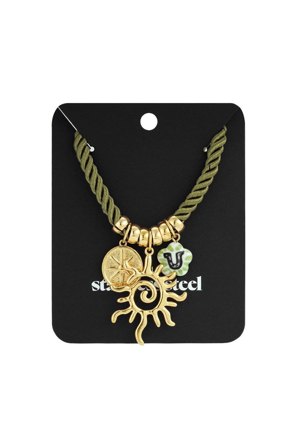 Olive green twisted rope necklace featuring gold charms of a sun, a starburst, and a letter U floral pendant.