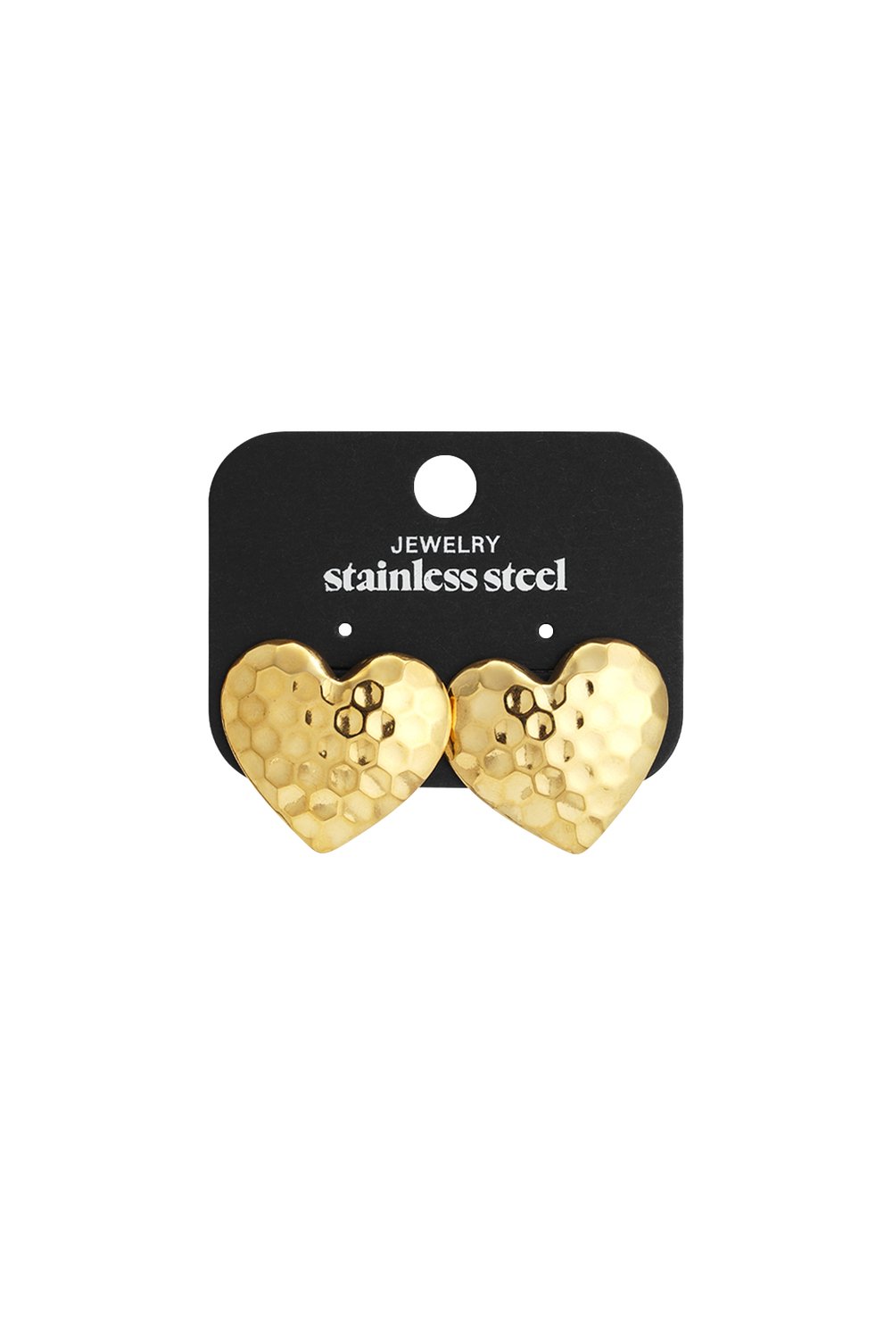 Gold-toned stainless steel heart stud earrings with a hammered, bumpy texture on a black display card.