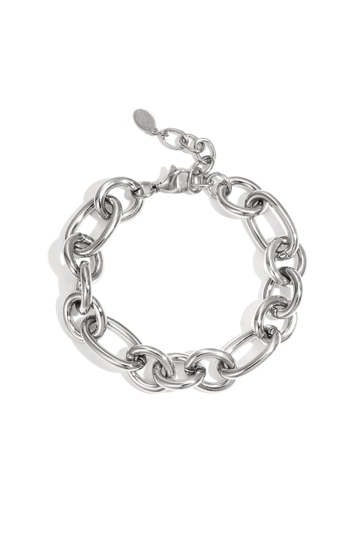 Silver chunky chain bracelet with large oval links and lobster clasp on white background