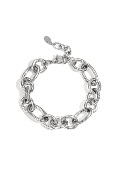 Silver chunky chain bracelet with large oval links and lobster clasp on white background