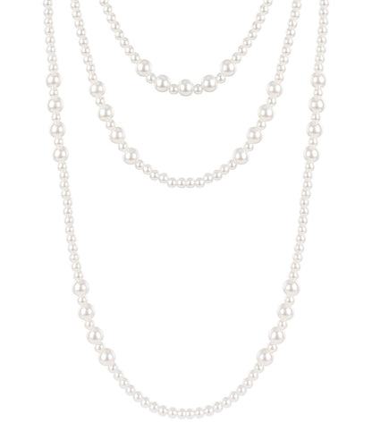 Close-up of a layered pearl necklace featuring three strands of varying sizes of artificial pearls on white background