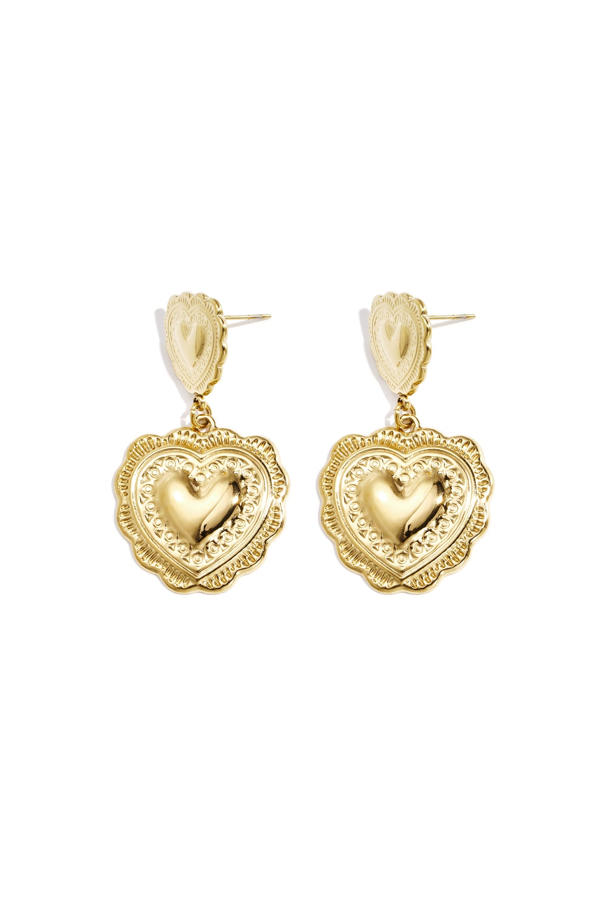 Pair of gold-tone double heart drop earrings with textured design isolated on white background