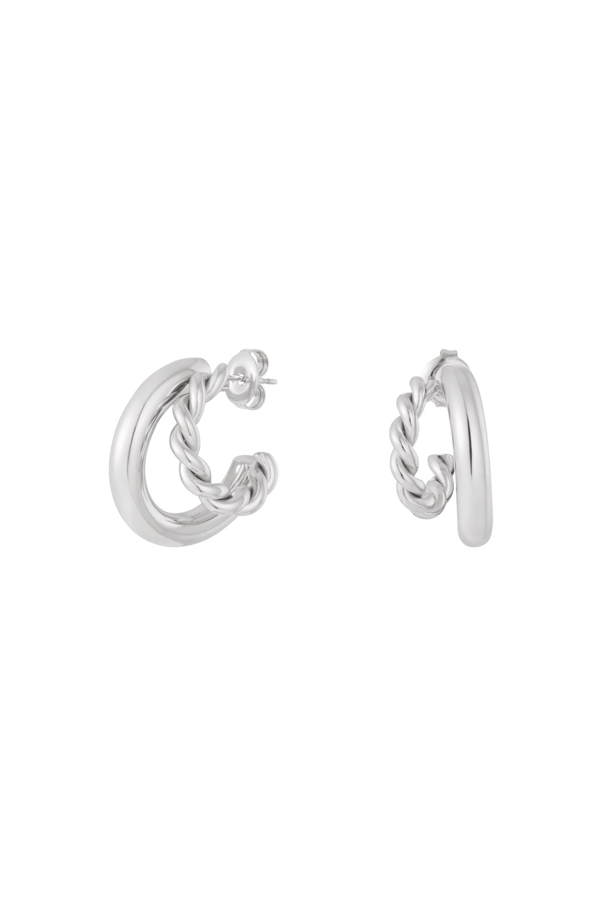 Silver twist and smooth dual hoop earrings displayed side by side on white background
