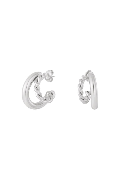 Silver twist and smooth dual hoop earrings displayed side by side on white background