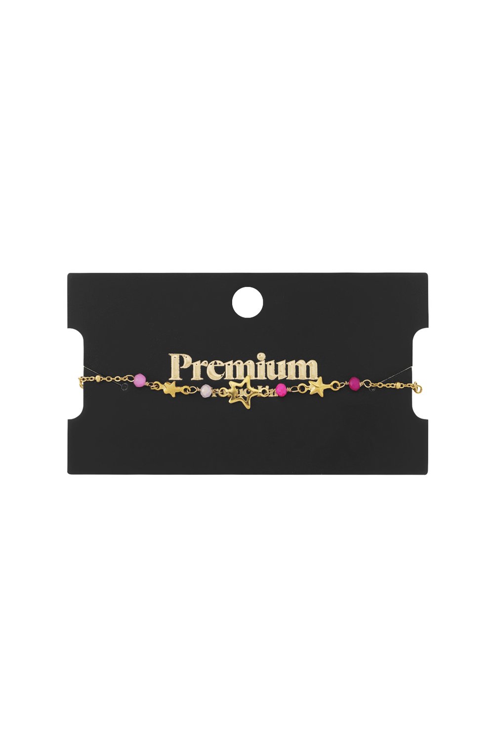 Gold-tone star charm bracelet with pink and white beads on a black retail display card.