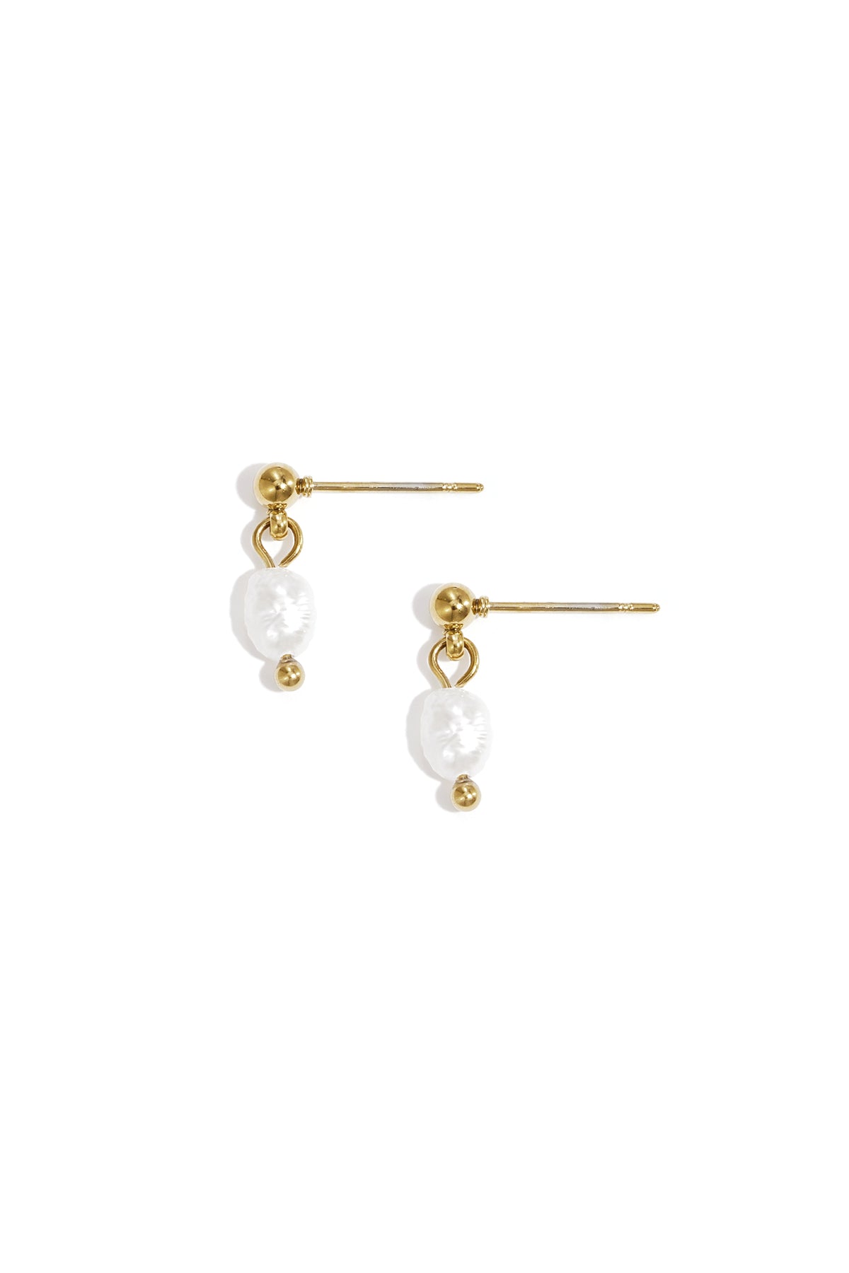 Pair of gold-tone drop earrings featuring irregular freshwater pearls on white background