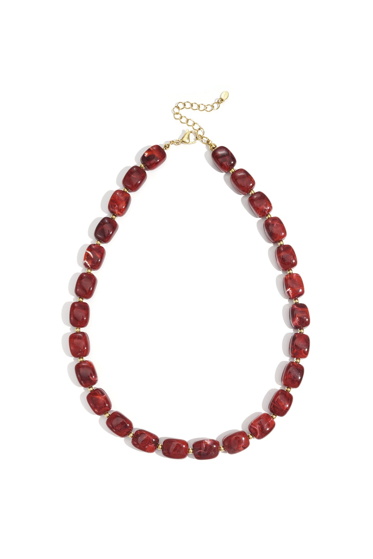 Single deep red rectangular acrylic beaded necklace with gold-tone lobster clasp and extender chain laid flat