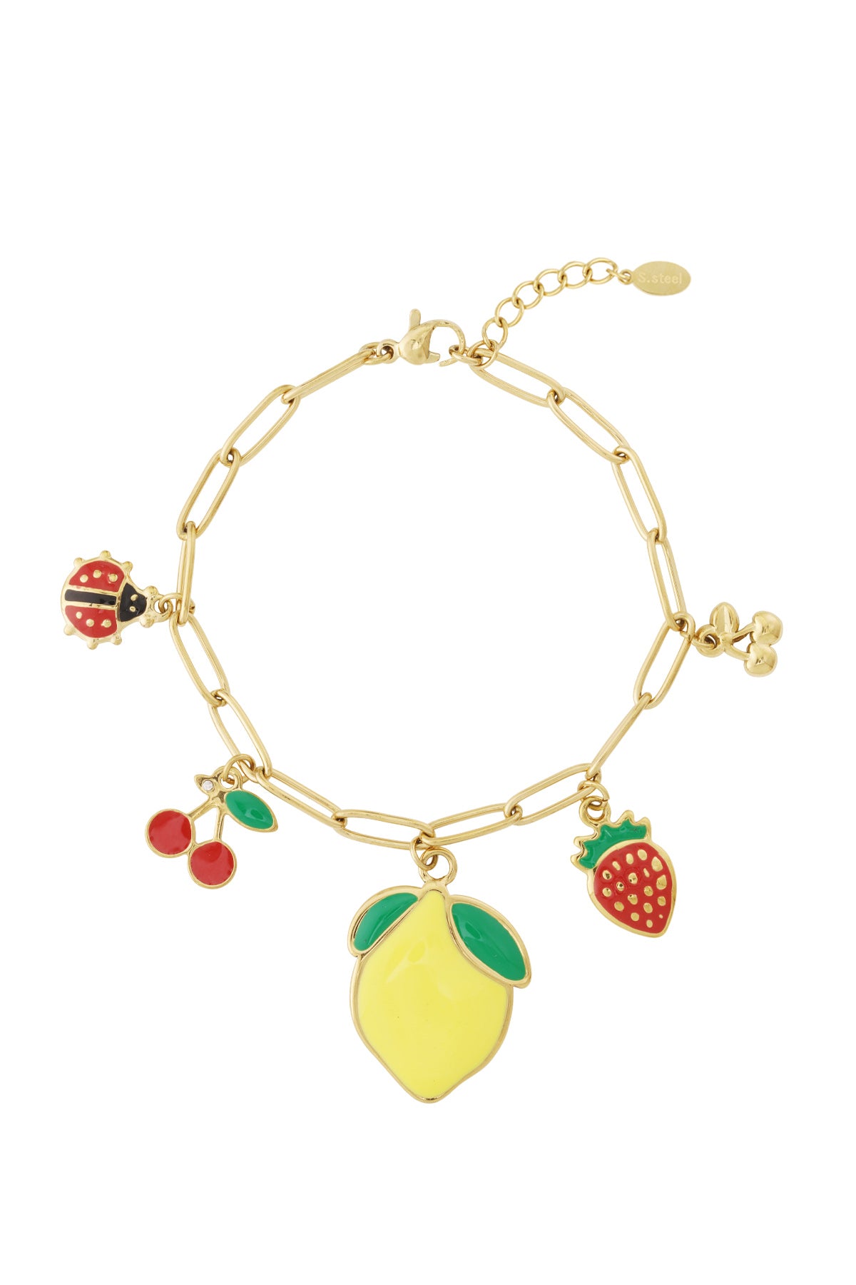 Gold-plated charm bracelet with enamel fruit charms including lemon, cherries, strawberry, and a ladybug on a white background