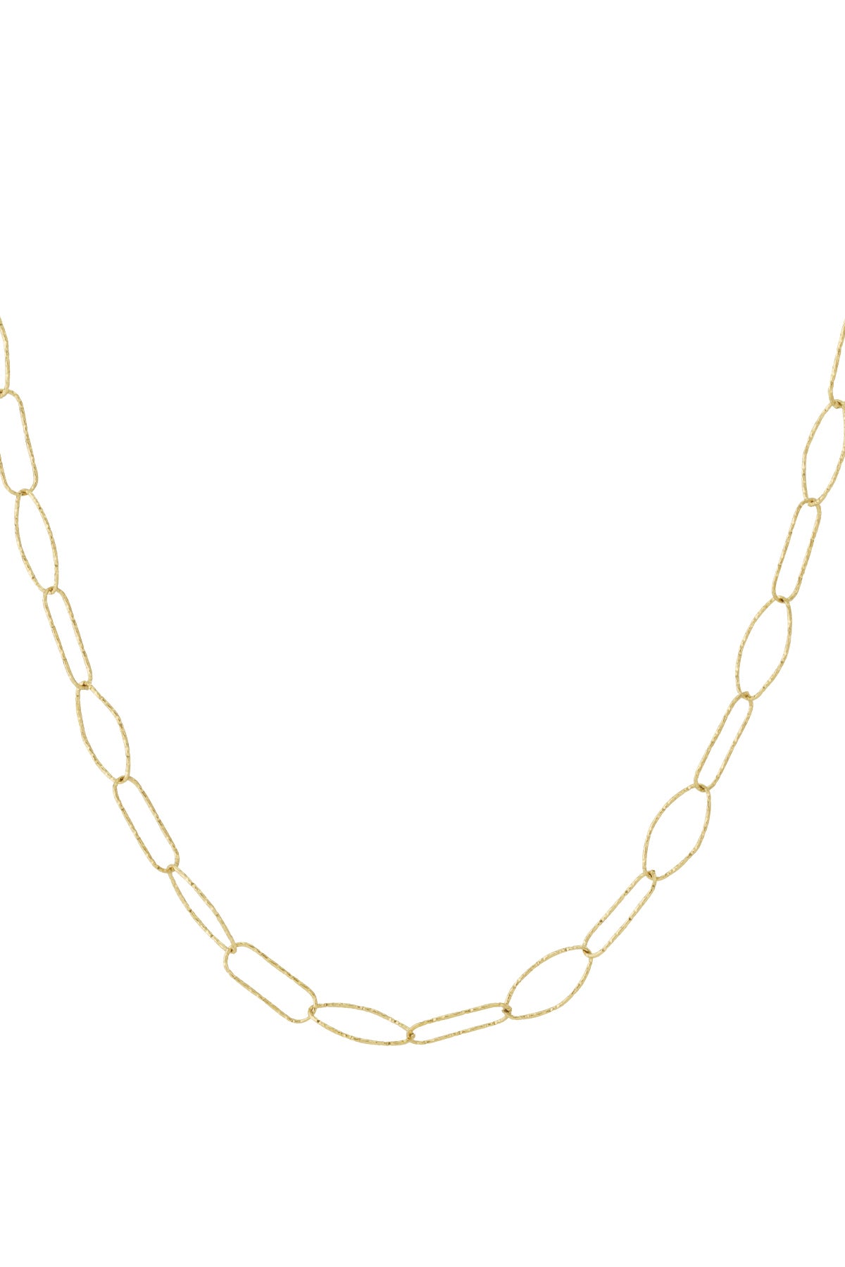 Close-up of gold textured paperclip chain necklace with elongated oval links on white background