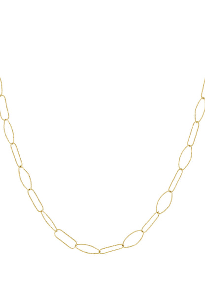 Close-up of gold textured paperclip chain necklace with elongated oval links on white background