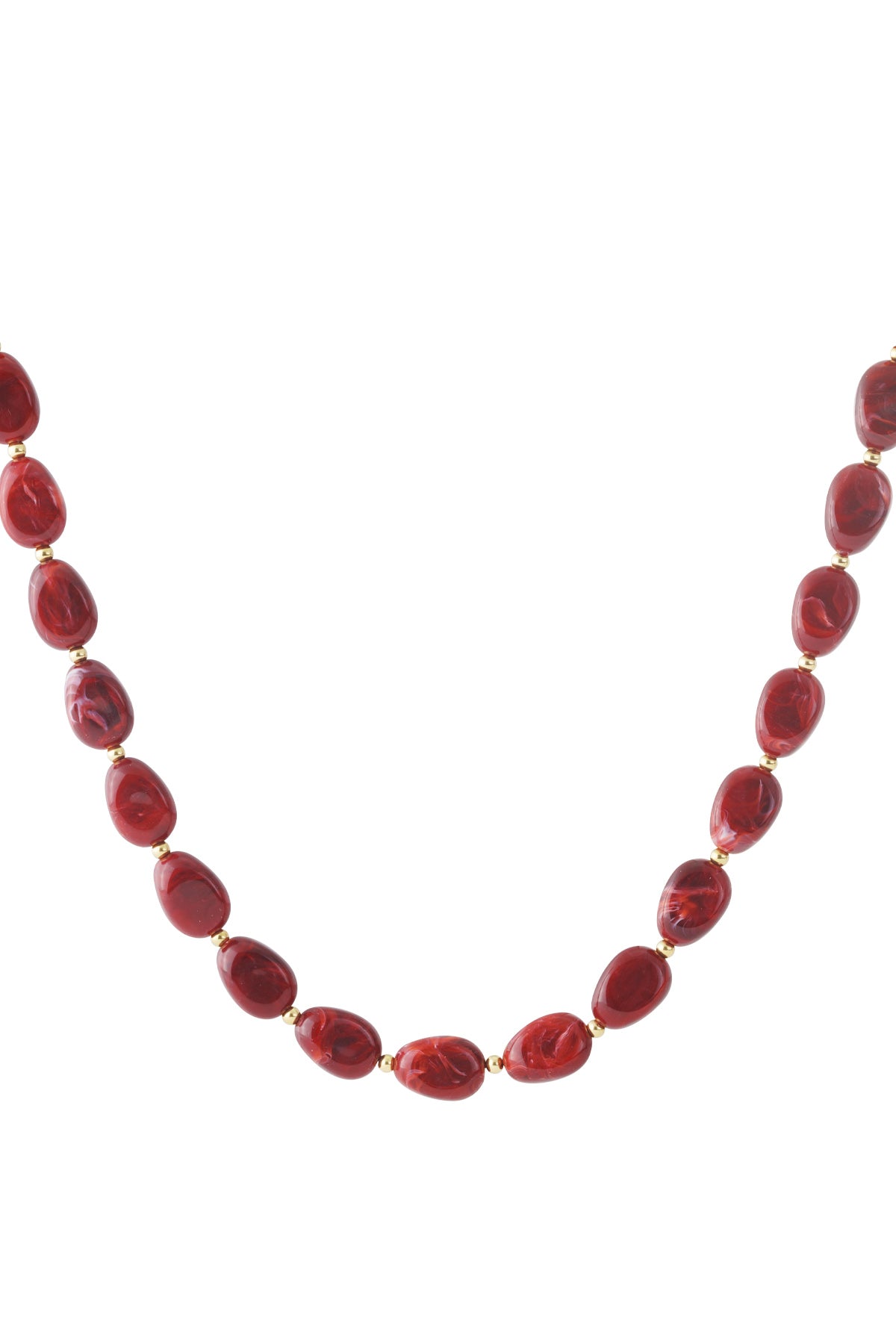 Red acrylic beaded necklace with gold spacer beads laid flat on white background