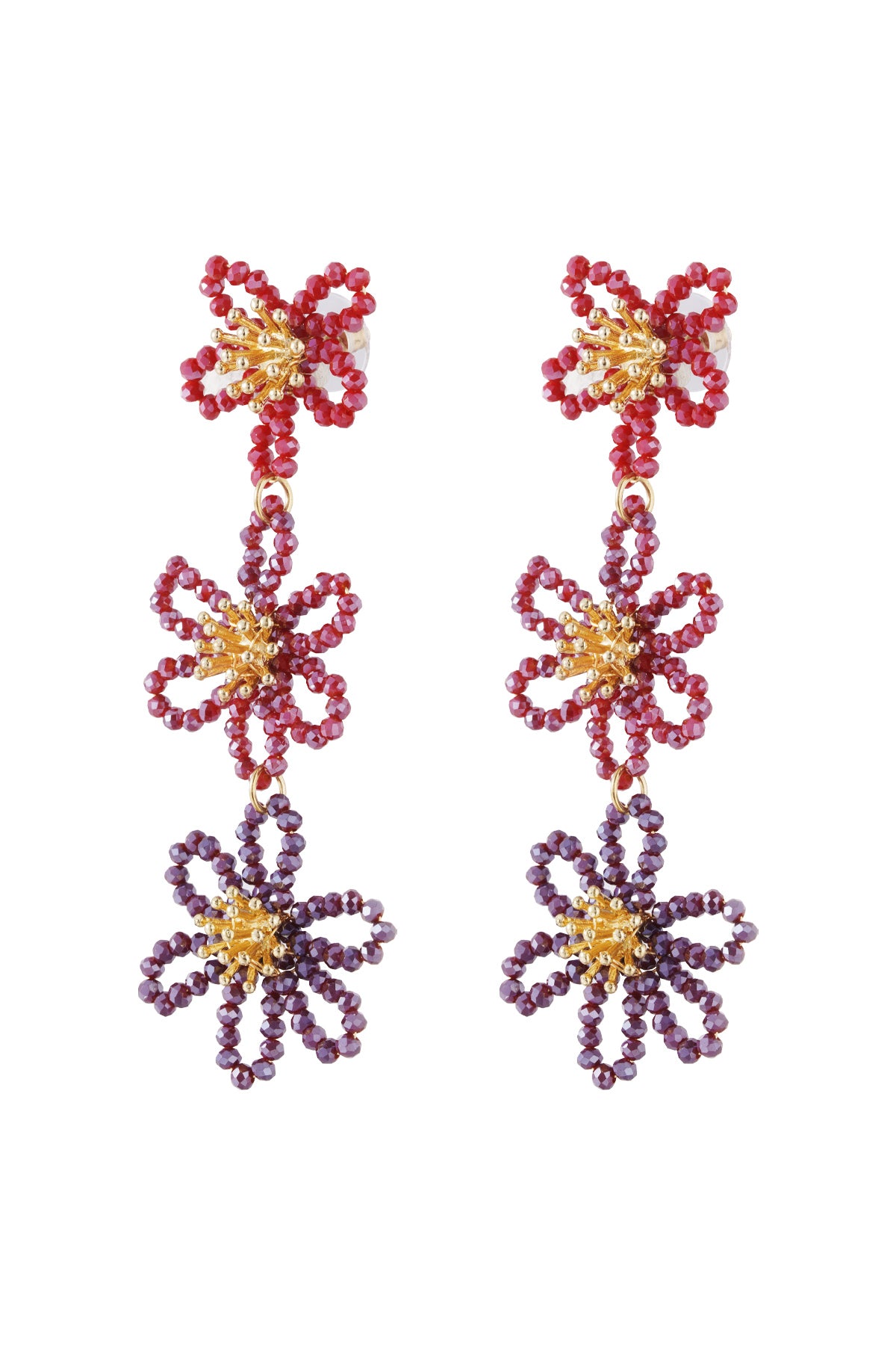Front view of red and purple beaded floral dangle earrings with gold centers