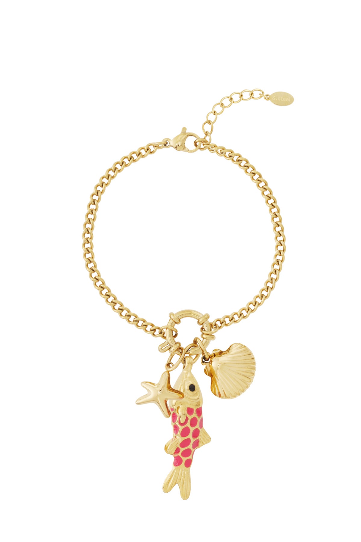 Gold plated charm bracelet with ocean-themed charms including pink enamel fish, starfish, and shell on white background