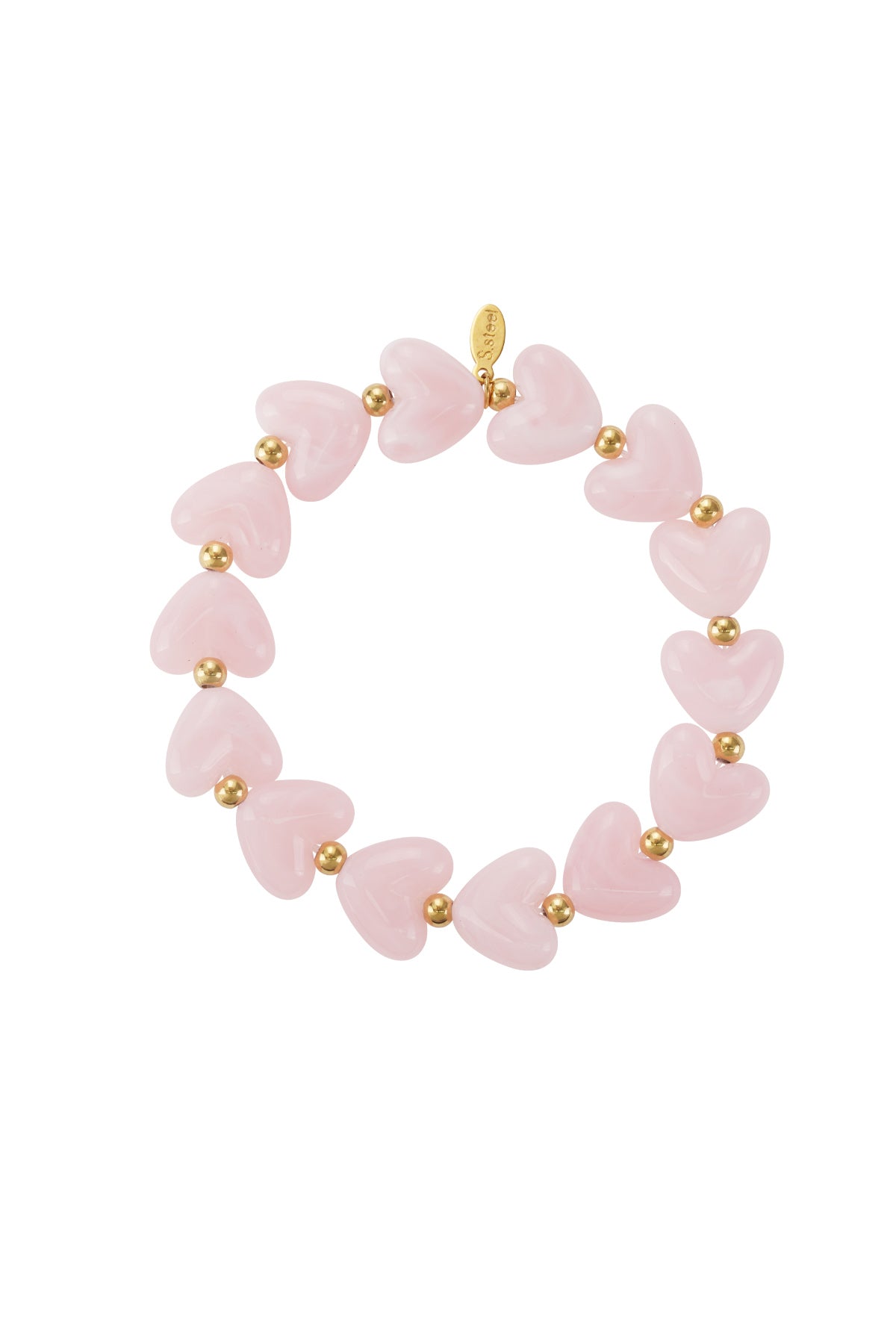 Soft pink marbled heart beaded stretch bracelet with gold accent beads on white background